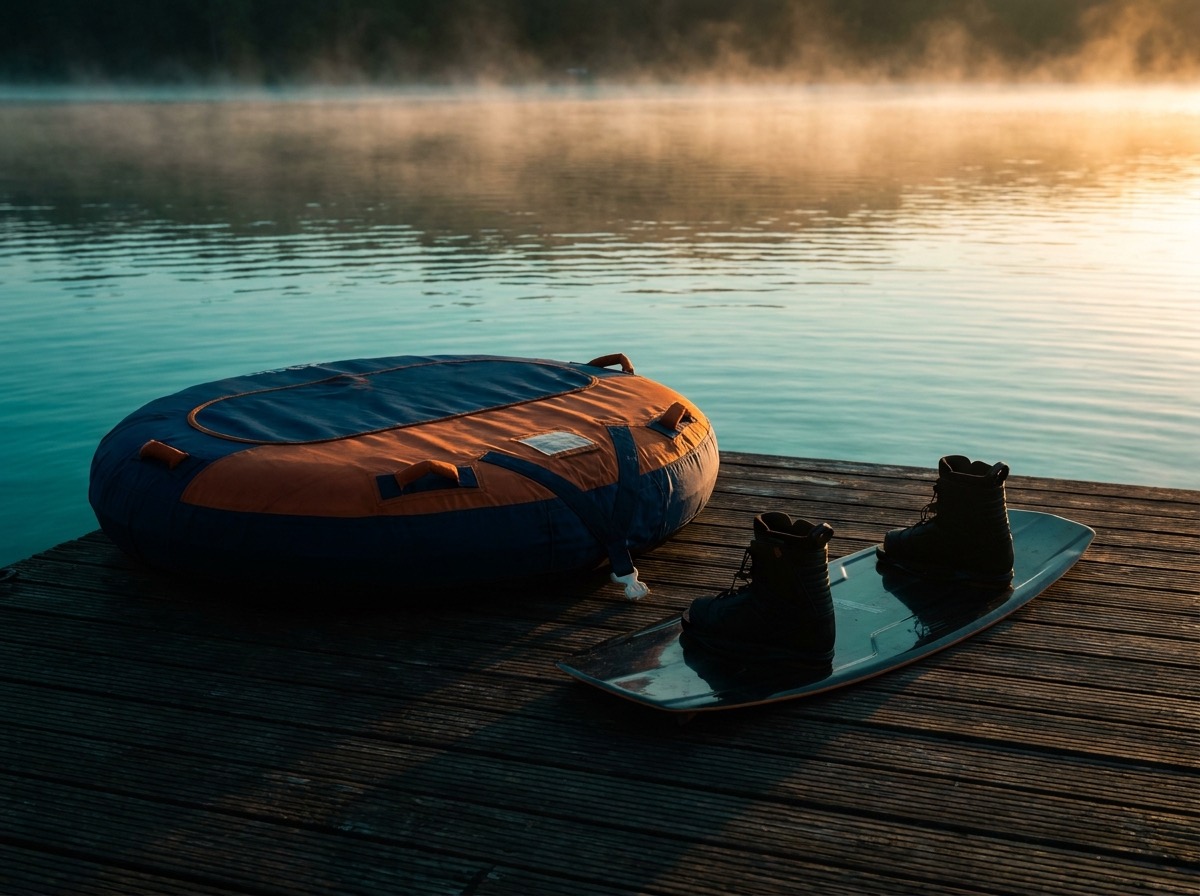 Water sports gear on a lake dock at dusk
