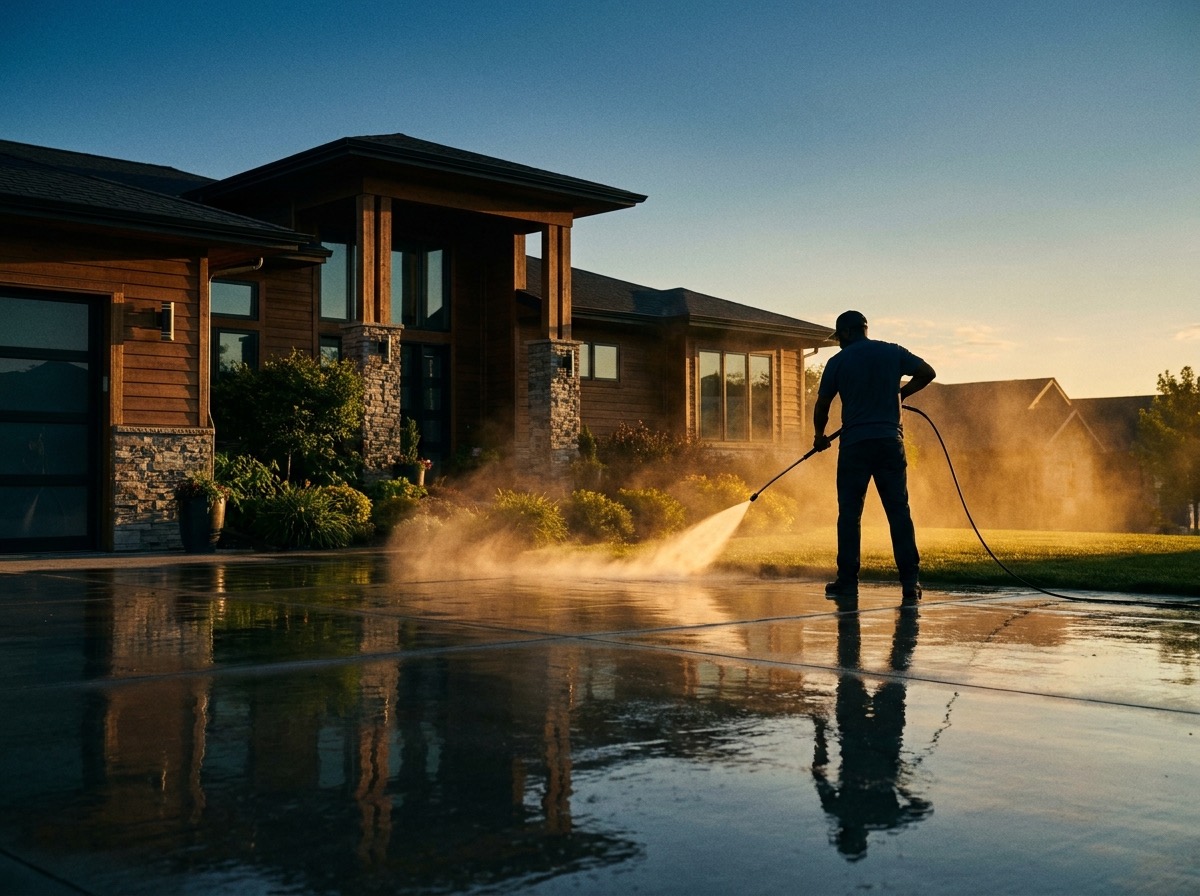 Home exterior being pressure washed at dusk